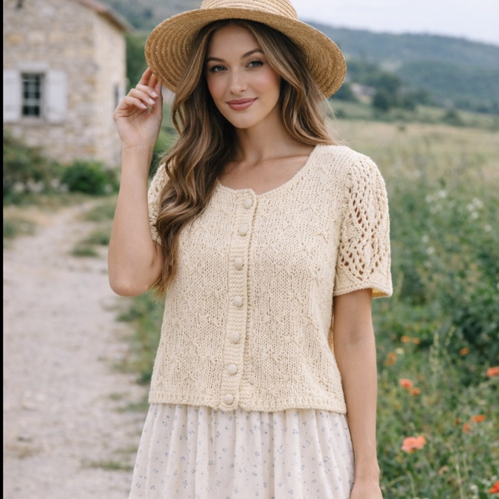 French Countryside Charm Butter Yellow Knit Cardigan Sweater Bows Vintage - Picture 2 of 13